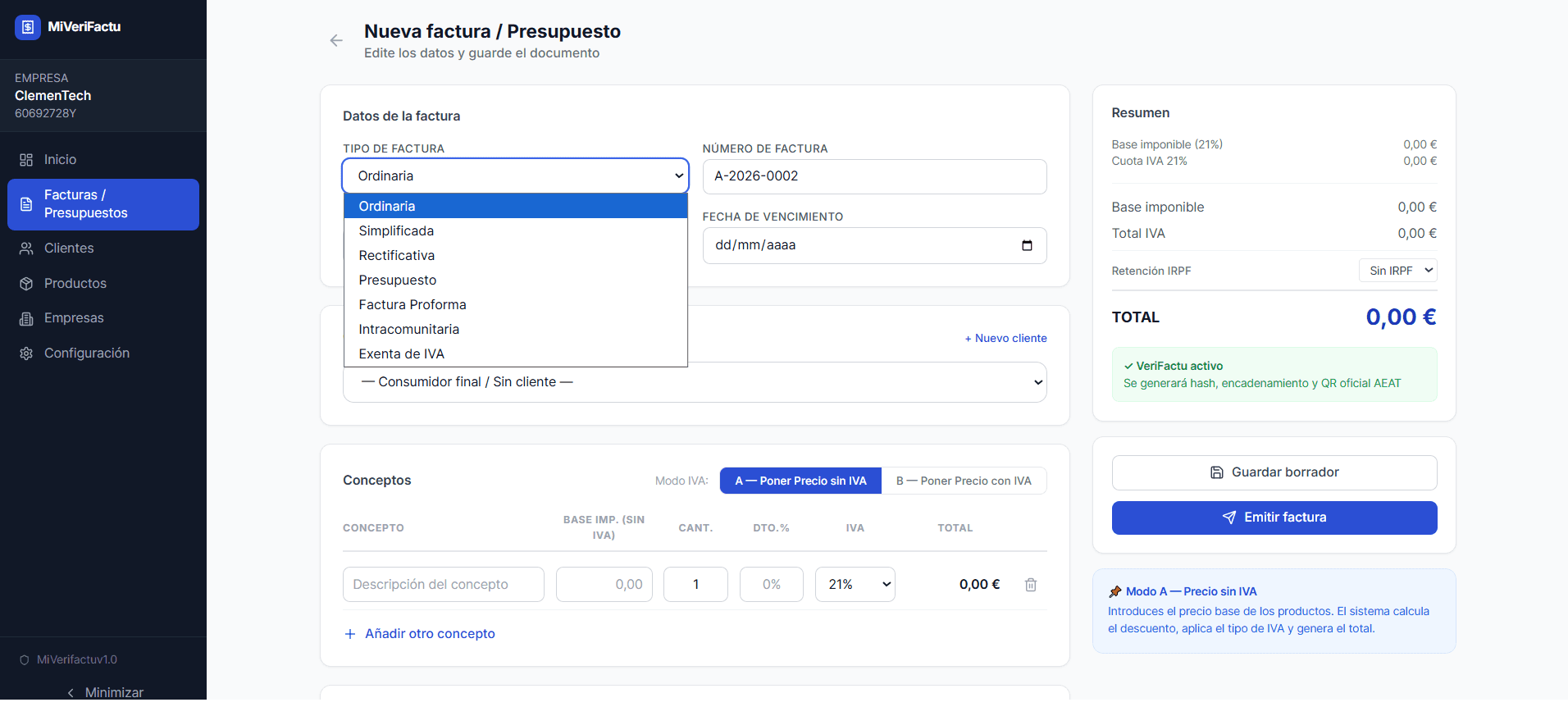 Crear facturas en segundos